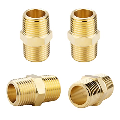 KOOTANS 1/2 NPT x 1/2 NPT Male Solid Brass Hex , Heavy Brass Pipe Adapter Fittings Equal Connectors 4Pieces