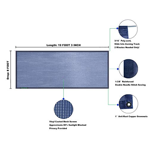 Tentproinc RV Awning Sunshade Screen 8' X 19' 3''(fit for 20' Awning)- Mesh Sun Shade for RV Awning Screenshade Motorhome Camping Trailer Awning Sunscreen Block UV Glare -3 Year Warranty (Navy Blue) - Thumbnail 4