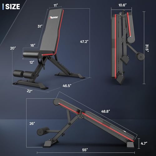 PASYOU Adjustable Weight Bench, 700LB Capacity Foldable Workout Bench with 10 Backrest for Full Body Training, Compact Press Bench for Home Gym, Wider Seat by PASYOU - Image 7