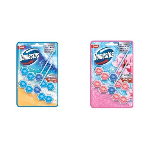 Domestos WC Blok 5'li Güç Tuvalet Bloğu Okyanus Ferahlığı Maksimum Hijyen 100 G ve Domestos WC Blok 5'li Güç Tuvalet Bloğu Manolya Ferahlığı Maksimum Hijyen 100 G