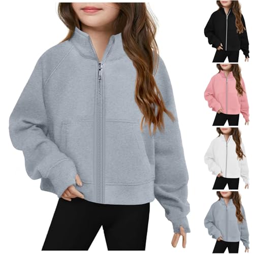 Girls Full Zip Sweatshirt No Hood Fall Fashion Long Sleeve Stand Collar Jackets Fleece Coat With Thumb Hole & Pockets