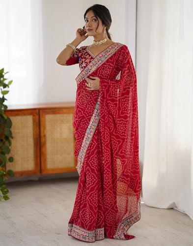 Image of SIRIL Women's Georgette Bandhani Printed Saree with Unstitched Blouse Piece