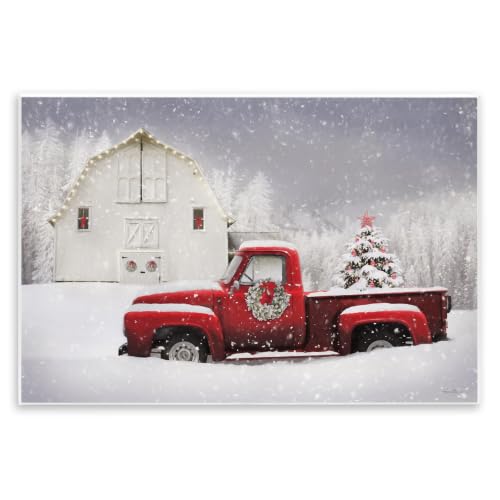 'Red Truck Parked Snowy Decorated Christmas'| Wall Plaque Art