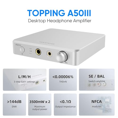 Image of Topping A50 III NFCA Headphone Amplifier, 3500mW x 3500mW Home Audio Headphone Amp, RCA /TRS to 4.4mm /6.35mm Earphone Output with 3 Gain Settings 12V Trigger for IEM, Silver