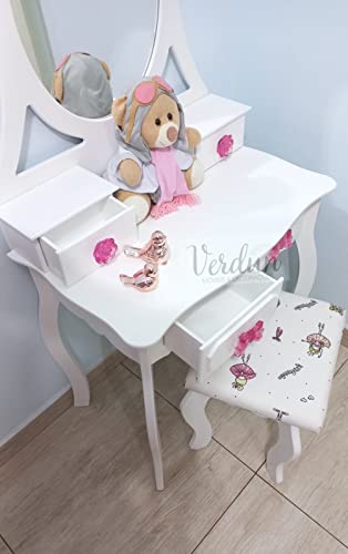 Penteadeira Infantil 4 gavetas Branca MDF Banco Espelho Completa - Pink/Bailarina
