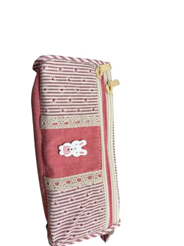 Image of Kids Striped Canvas Kids Pencil Case - 3 Compartment School Organiser with Zipper, Cartoon Character Design Stationery Pouch (Tomato Mulitcolor)
