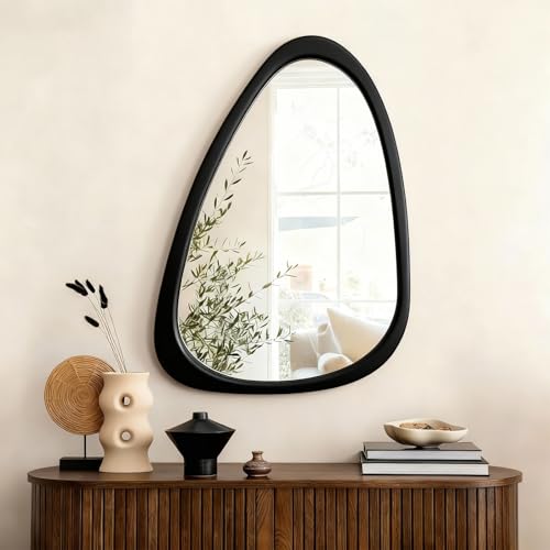 Image of Asymmetrical Mirror, 30 inchx20 inch Unique Irregular Wall Mirror, Wood Mid Century Modern Mirror Decor for Bathroom Bedroom Living Room Entryway Hallway (Black)