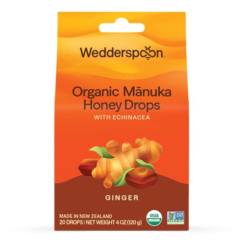 Image of Wedderspoon Organic Manuka Honey Drops, Ginger & Echinacea, 20 Count | USDA Organic | Genuine New Zealand Honey, Natural Remedy for Dry Throat