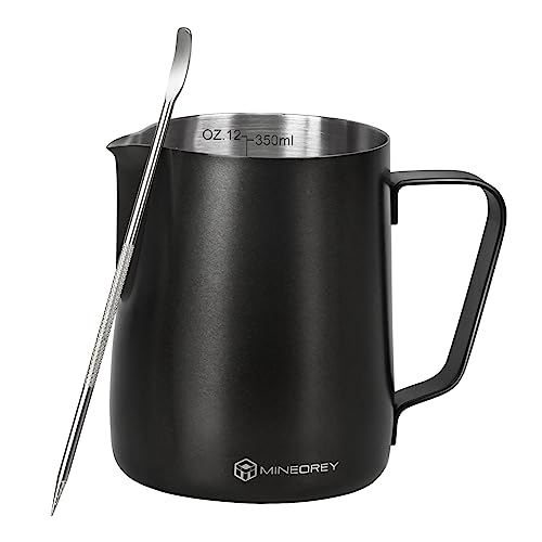MINEOREY Milk Frothing Pitcher, 304 Stainless Steel Milk Jug, 12oz/350ml Milk Steaming Pitcher, Milk Frother Cup with Latte Art Pen, Coffee Maker/Espresso Machine Accessories (Starry sky gray)