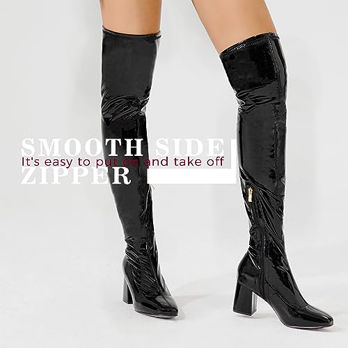 syztsho Thigh High Boots for Women Patent Leather PU Chunky Heel Over The Knee Boot Sexy Square Toe Side Zipper GOGO Boots4