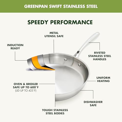GreenPan Stainless Steel Cookware Set, 11 Piece, Induction Cookware, Dishwasher Safe, Oven Safe to 600F, Large 8QT Stock Pot, Sauce, Saute, Frying Pans, Pots & Pans Kitchen Essentials, Silver by GreenPan - Image 3