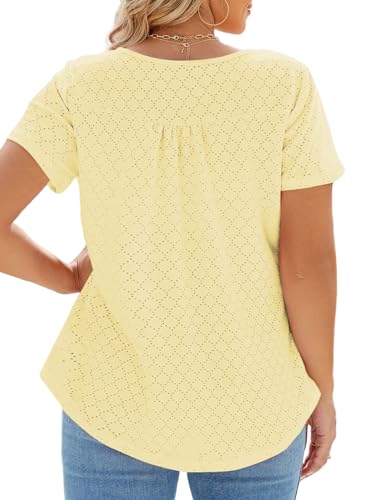 Image of VISLILY Womens-Plus-Size-Summer-Tops Buttons Up Henley Shirts Flowy Pleated Tunics Trendy Eyelet Short Sleeve Blouses