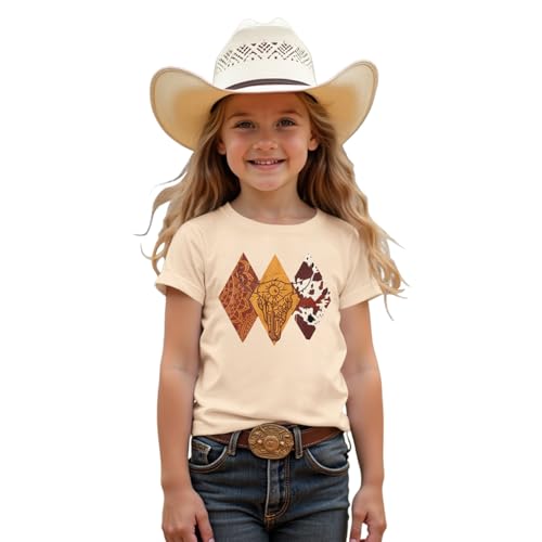 MODNTOGA Toddler Baby Girl Rodeo Cow Skull Shirt Retro Cowgirl Graphic T-Shirt Western Cow Print Summer Tee Short Sleeve Tops