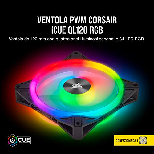 QL120 RGB Ventola con 34 LED RGB PWM Regolabili, Fino a 1.500 Giri/Min, Silenziosa, Smorzatori in Antivibrazione, iCUE QL 120 mm, Confezione Singola, Nero/RGB - Sistema di raffreddamento - Immagine 2