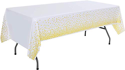 Polka Dot Disposable Table Cover for Party Table Decoration, Birthday, Anniversary, Bridal Shower, Bachelor Decoration Covers Any Table Up to 8Ft (54 X 108) - White & Gold Polka Dot