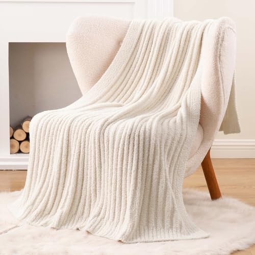 BATTILO White Throw Blanket for Couch, Knit Fuzzy Plush Cream