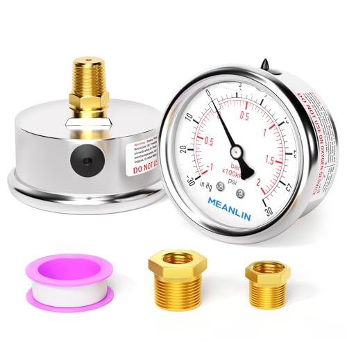 MEANLIN MEASURE -30inHG~30Psi Stainless Steel 1/4" NPT 2.5" FACE DIAL,Vacuum Pressure Gauge,Center Back Mount, with 1/2" NPT and 3/8" NPT Hex Bushing
