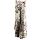 Women Flowy Wide Leg Pants Comfy Cotton Linen Elastic Waist Belted Retro Floral Palazzo Pants Ethnic...