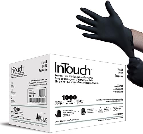Atlantic Safety Products InTouch B311 Exam Gloves, Disposable, Latex-Free Nitrile Gloves, Black, Large, 1000-Ct