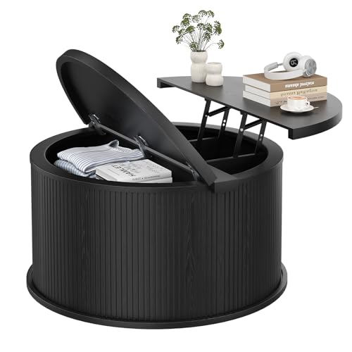 iabifo Round Coffee Table with Storage 31.5 Lift Top Center Table with Gas Strut Fluted Farmhouse Drum with 2 Hidden Compartments Mid Century Modern Wood Circle Table for Living Room Black