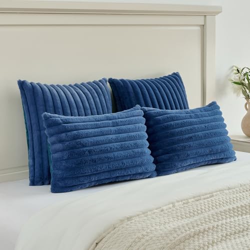 FUTEI Navy Blue Striped Decorative Throw Pillow Covers 16x16 Inch Set of 2,Square Fall Decorations Couch Pillow Case,Soft Cozy Faux Rabbit Fur & Velvet Back,Modern Home Decor for Bed
