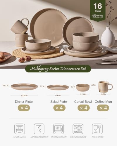 Image of Famiware Milkyway Stoneware Dinnerware Sets with Mugs, Service for 4 (16pcs), Plates and Bowls Sets, Scratch Resistant, Microwave and Dishwasher Safe Dishes Set, Cinnamon Brown