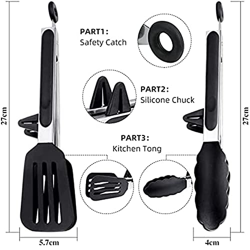 Image of YANCI Kitchen Tongs Set of 3, Multipurpose Heat Resistance Cooking Tongs with Resting Gadget, Heavy Duty Stainless Steel with Robust Silicone Tips & Locking Clips for Cooking BBQ Baking (Black)
