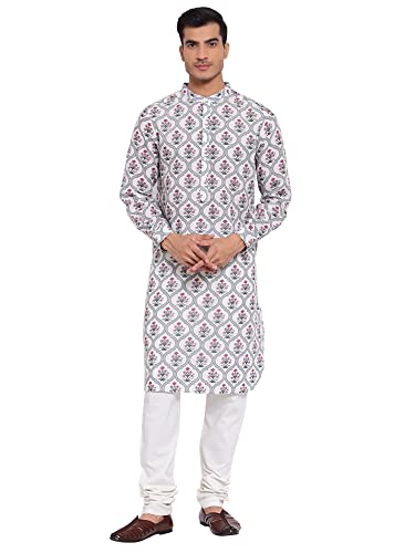Image of Style Quotient Men Off White Floral Printed Thread Work Kurta