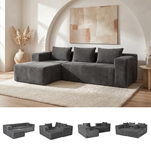 zzlay 99" Modular Sectional L-Shaped Sofa with Deep Seat, Modern Boneless Comfy Corduroy Fluffy Couch with Side Pockets and Anti-Slip & Floor-Friendly Bottom for Living Room, No Assembly, Dark Grey