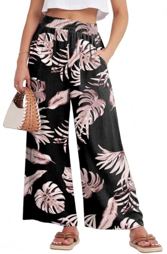 GRECERELLE Trousers for Women Flowy Pants for Women Black Palm Leaf-M Tropical Palm Leaf Print Palazzo Pants for Resort Vacation Beach Island Casual Breezy Summer