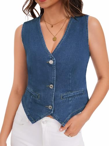 WUDODO Womens Denim Vest Cropped V Neck Button Down Jean