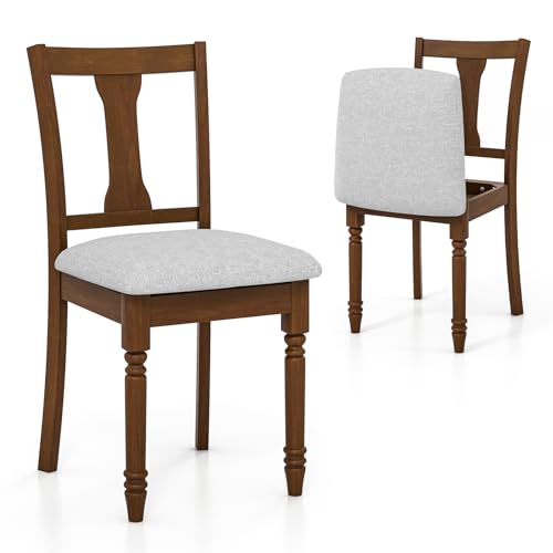 GOFLAME Upholstered Dining Chairs Set of 2, Wooden Dining Chairs with Padded Cushions, Hidden Seat Storage, Solid Acacia Wood Legs, Armless Vintage Accent Chairs for Dining Room, Kitchen, Walnut+Grey