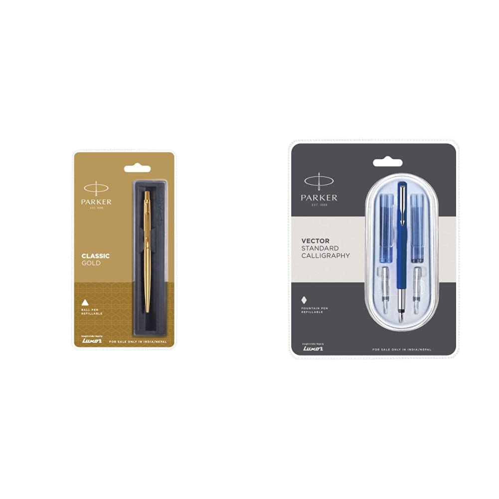 Parker Classic Gold GT Ball Pen & Parker Calligraphy CT Fountain Pen (Blue), 7 Piece Set