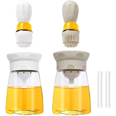 TINMIX Oil Dispenser with Brush - 2 Pack 2022 Glass Olive Oil Dispenser Bottle for Kitchen with Silicone Basting Brush BBQ Grilling Baking Cooking, T-OB22, Grey+White Cover