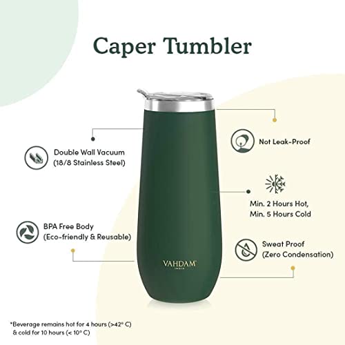 Image of VAHDAM, Caper Stainless Steel Tumbler (270ml) Dark Green | Vacuum Insulated, Double Wall, Sweat-Proof Sipper with Lid for Hot and Cold Drinks | Coffee Mug