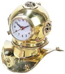 Nautical Clock Divers Helmet Golden Brass 8.5" W 7.5" H Pirate Sailor's Colle.
