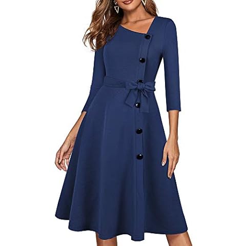 HOMEYEE Women's Retro Vintage Asymmetry Neckline Swing Dress A241(4,Navy Blue) Cover
