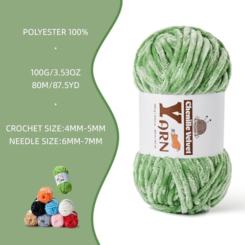 Image of 4 Pack Plush Chenille Chunky Yarn - Fluffy Velvet Yarn Crochet for Blanket Knitting and Crocheting - Soft Baby Yarns for Crocheting - Amigurumi Crochet Yarns 100g (87yds) (4 Avocado Green)
