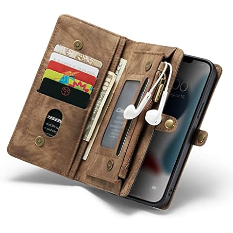 Leather Case for iPhone 13 Pro Max, Flip Leather Case with Strong Magnetic Closure, 11 Card slots, Stand Holder Function Large Capacity Zipper Wallet Cover for iPhone 13 Pro Max Case (Brown) Cover