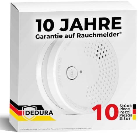 Rauchmelder 10er Set mit 10 Jahre Garantie BSI Zertifiziert nach DIN EN14604 inkl. 9V Batterie Rauchwarnmelder Brandmelder Feuermelder