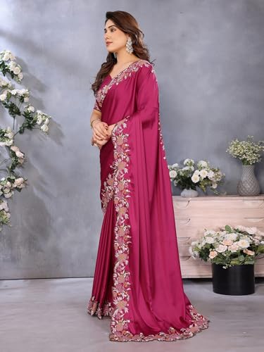 Image of Pandadi Saree Women's Satin Embroidery Work Saree With Unstitched Blouse Piece