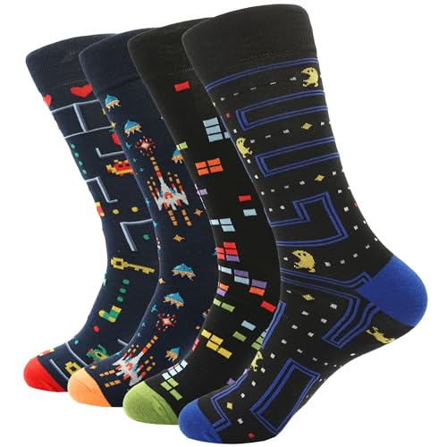PETIBU Meias engraçadas para homem, meias de desenhos para homem, meias de fantasia para homem, presentes originais para homem, meias de algodão casual, 4x Jogos de Vídeo, 40-46