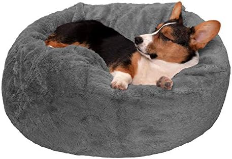 Furhaven Medium Dog Bed Plush Faux Fur Beanbag-Style Ball Nest w/ Removable Washable Cover - Gray Mist, Medium