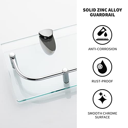 Vasuhome 2 Tier Bathroom Glass Shelves, Tempered Glass Bathroom Wall Organizer With Silver Guardrail, And 2 Metal Hooks - Wall Mounted Rectangular Shelves For Storage And Display #TOP4
