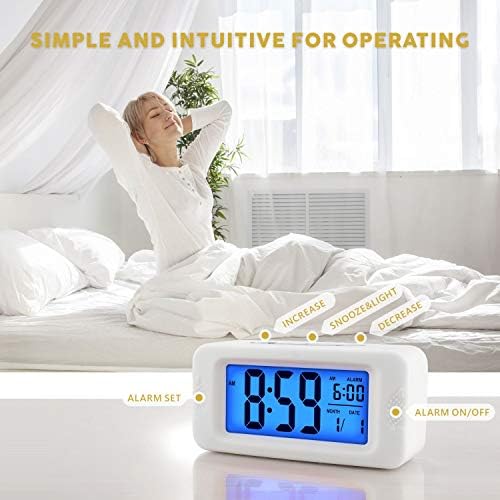 Plumeet Digital Alarm Clock, Light Up All Night, 4'' LCD Display Showing Time Alarm Date, Bedside Clocks with Snooze for Bedroom Kitchen Office Battery Operated (White)