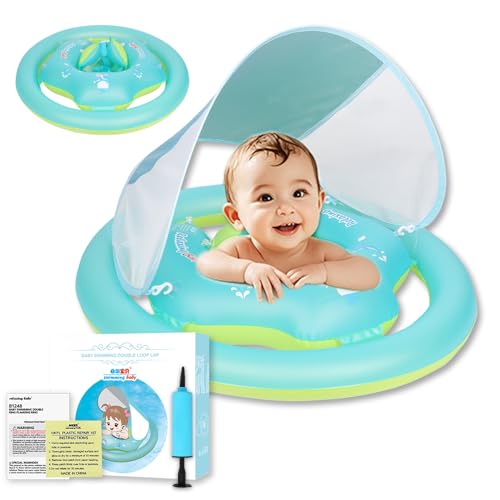 Relaxing Baby Sun Canopy Baby Swimming Float, Widend Dual Air Chambers Anti-Roll and Anti-Flip Design, Toddler Pool Float with Adjustable Seat is for Baby 6-24 Months