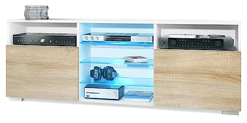 Vladon Tavolino TV Granada, Mobile per televisore con 2 Ante e 6 vani a Giorno, Mobile Bianco Opaco, Frontali in Quercia segato Grezzo con Illuminazione LED RGB (146 x 54 x 35 cm)