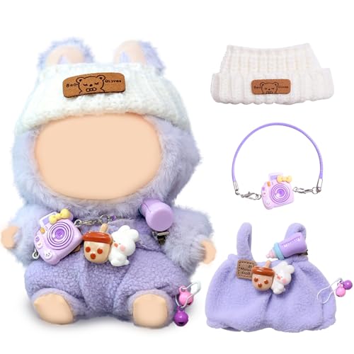 Ropa de Peluche para Labu, Ropa de Muñeca de 17 cm para Labu, Disfraces para Muñecas Estilo, Outfit con 1 Gorro, 1 Enterizo y 1 Bolso para Cámara, sin Figura Incluida (Purple)