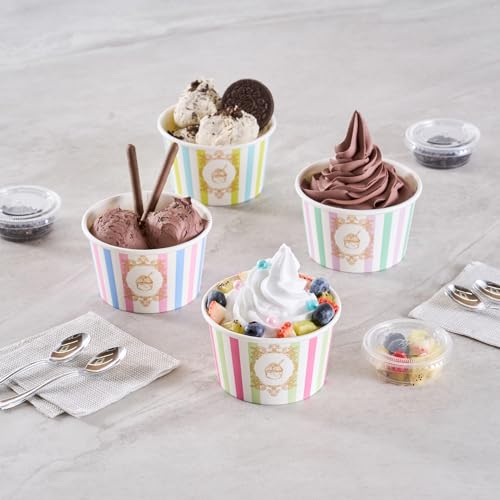 Image of Coppetta 8 Ounce Dessert Cups, 50 Greaseproof Ice Cream Cups - Lids Sold Separately, For Hot And Cold Foods, Green And Pink Stripe Paper Yogurt Bowls, Disposable, Sturdy - Restaurantware
