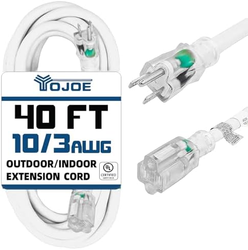 YOJOE Indoor Outdoor Extension Cord with Lighted End, 3 Prong 15A Weatherproof Power Cord, 10 Gauge Heavy Duty 40 ft White Extension Cord for Garage, Garden and Home, 10/3 SJTW UL Listed